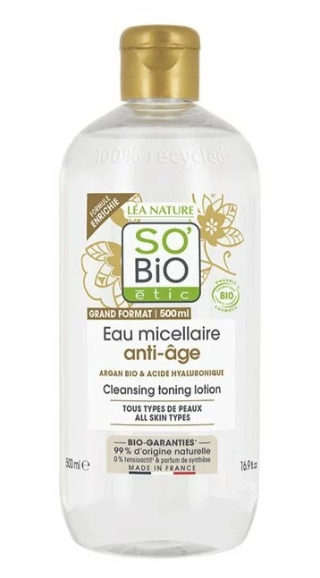 línea facial AGUA MICELAR ANTIEDAD ACIDO HIALURONICO Y ARGAN BIO 500ML