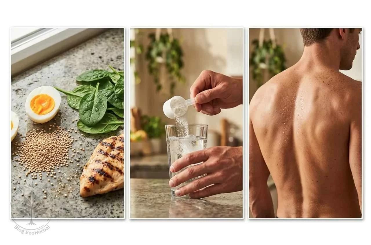 Tríptico con alimentos naturales, suplementación de aminoácidos y espalda musculada post-entreno.