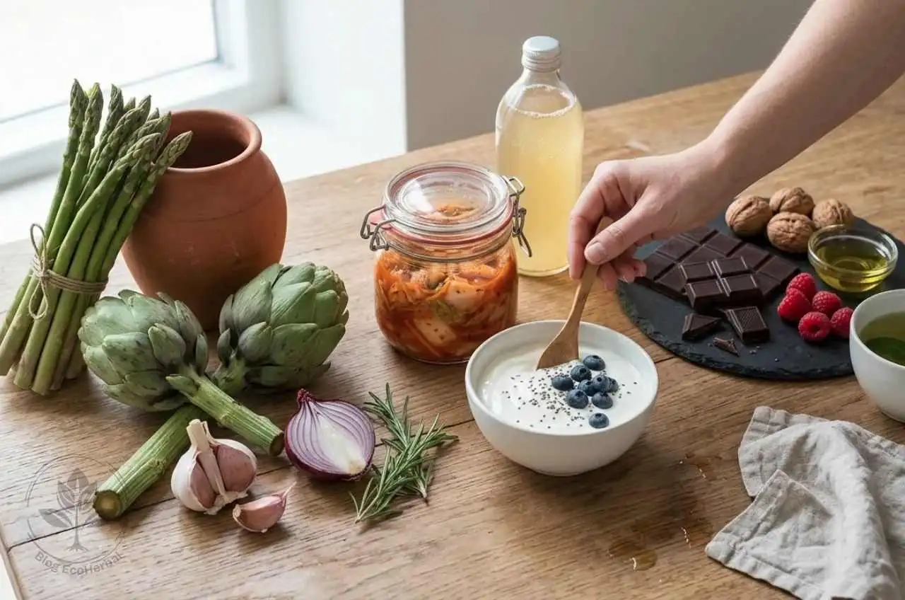 Alimentación para Cuidar tu Flora Intestinal – EcoHerbal- Mesa de madera con alimentos beneficiosos para la microbiota: espárragos, alcachofas, kimchi, kombucha, yogur, chocolate negro, nueces y té verde, en un estilo de vida natural y acogedor.