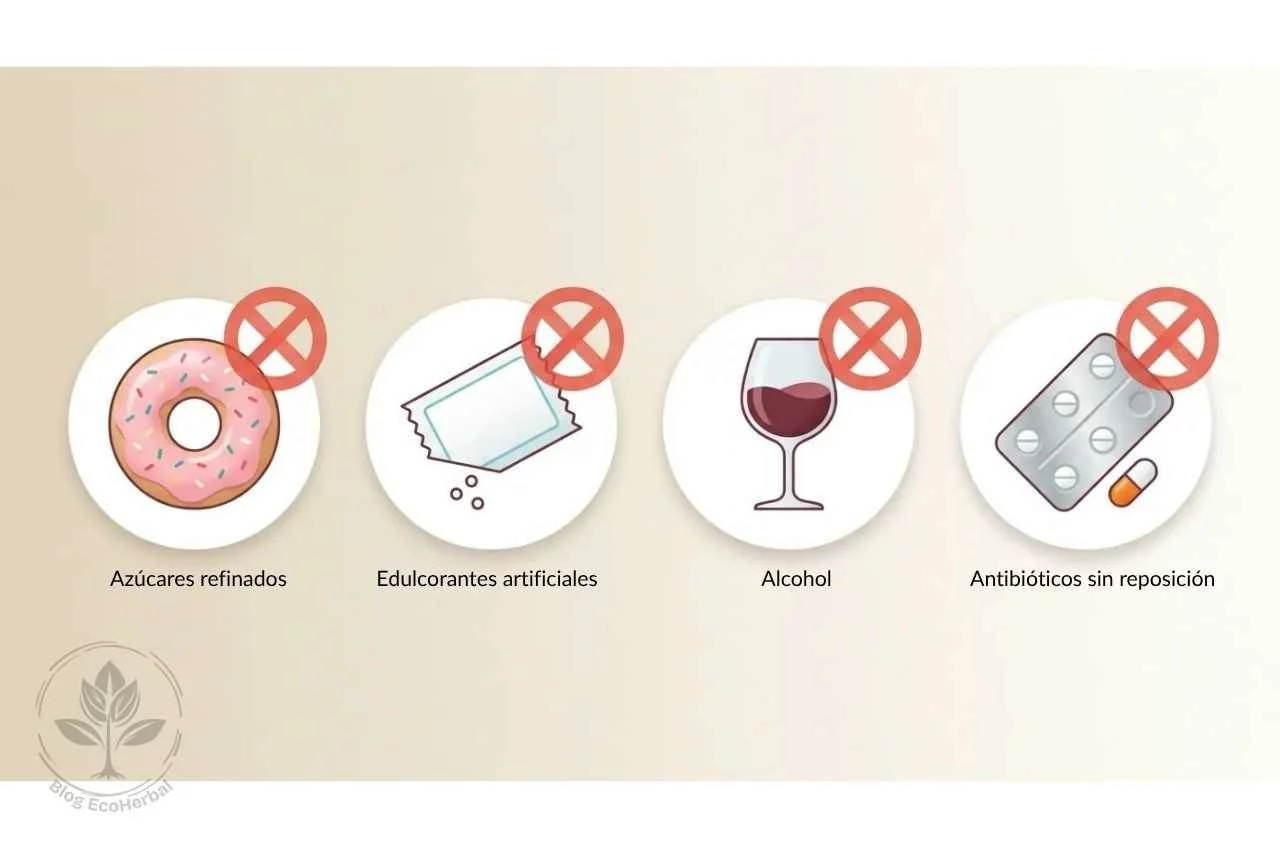 Alimentos y Hábitos que Desequilibran tu Microbiota Intestinal – EcoHerbal- Cuatro iconos con círculo de prohibición rojo representando los alimentos y hábitos que desequilibran la microbiota: azúcares refinados, edulcorantes artificiales, alcohol en exceso y antibióticos sin reposición probiótica.