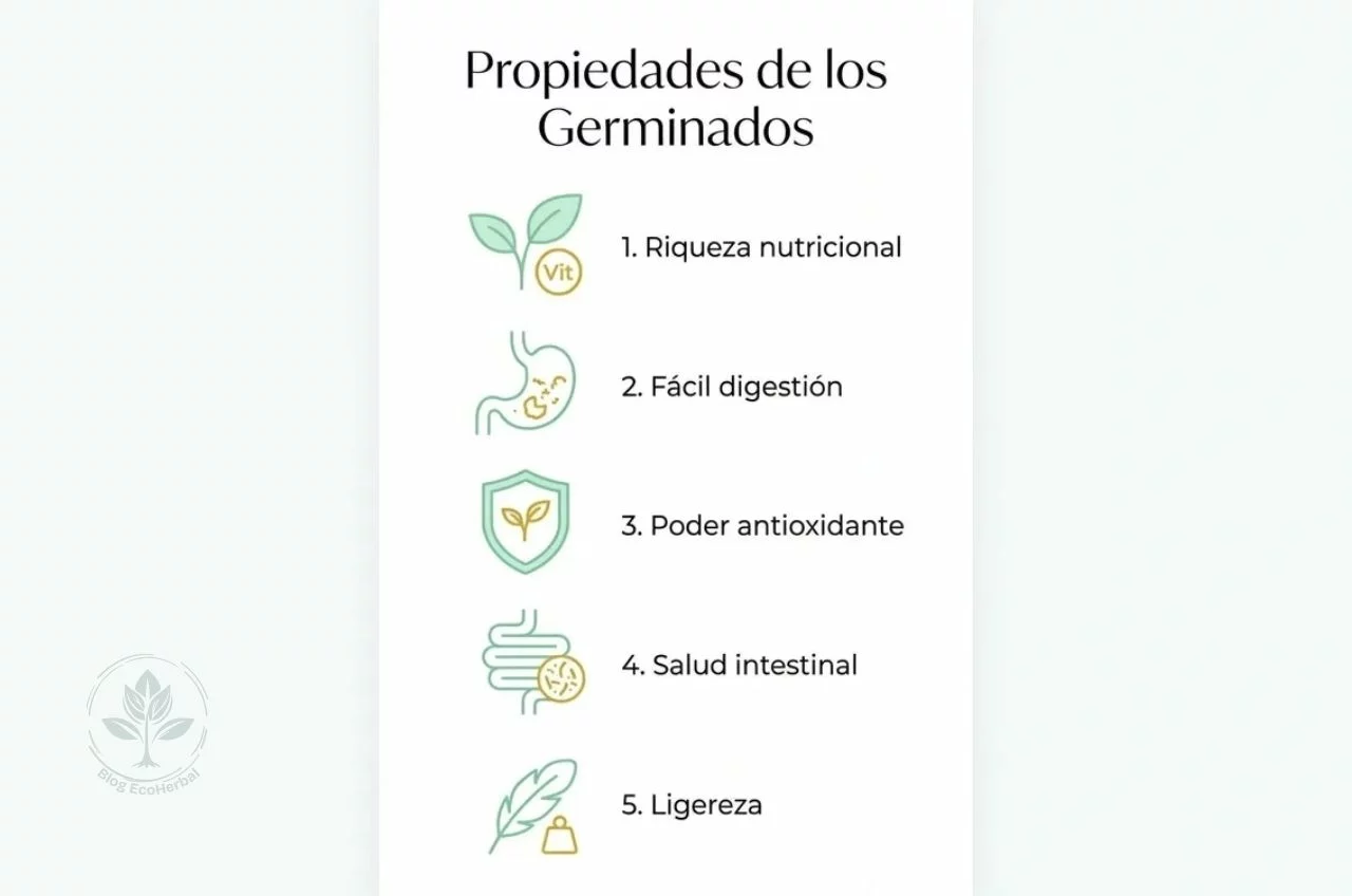 Infografía con las 5 propiedades principales de los brotes germinados para la salud.