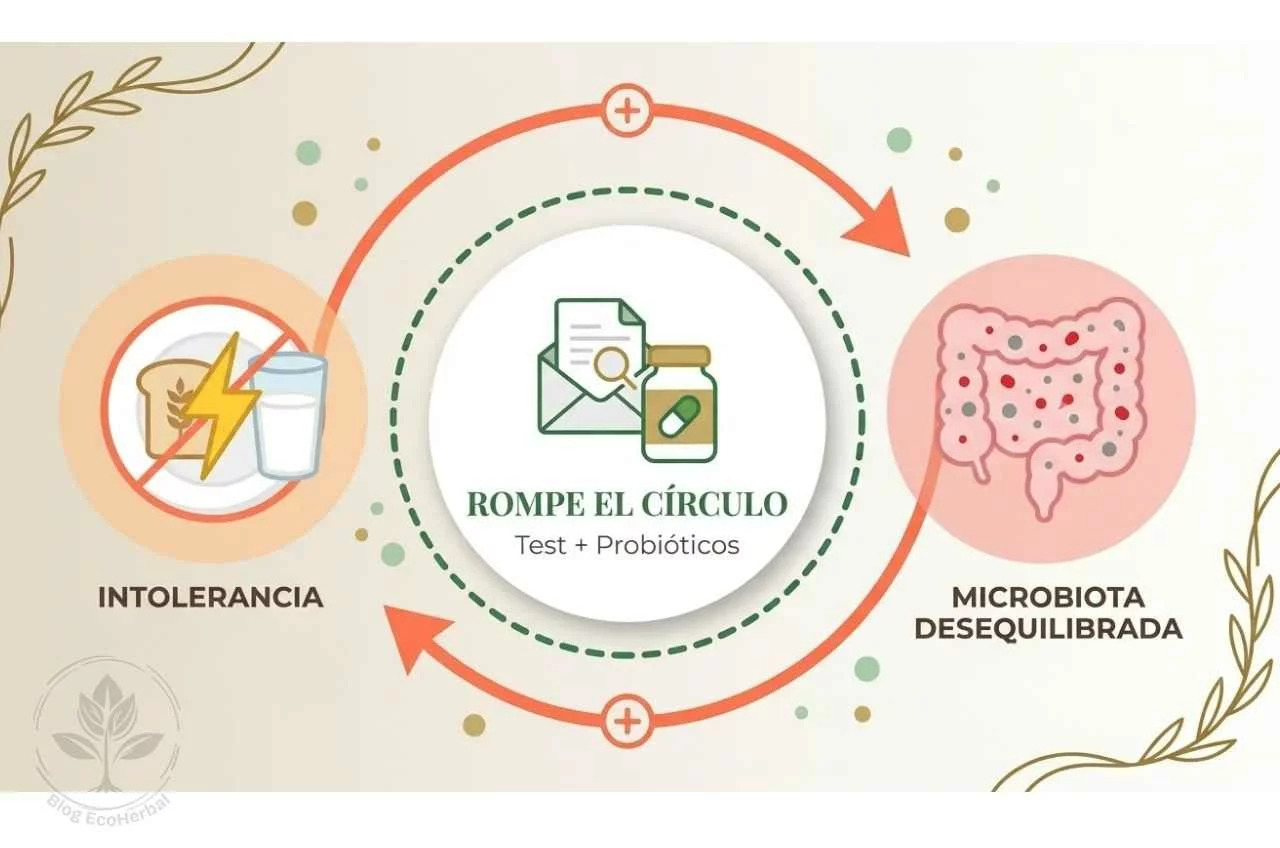Círculo Intolerancia-Microbiota_ Cómo Romperlo – EcoHerbal- Diagrama circular que explica el círculo vicioso entre intolerancia alimentaria y microbiota desequilibrada, con solución central de test de intolerancias y probióticos.