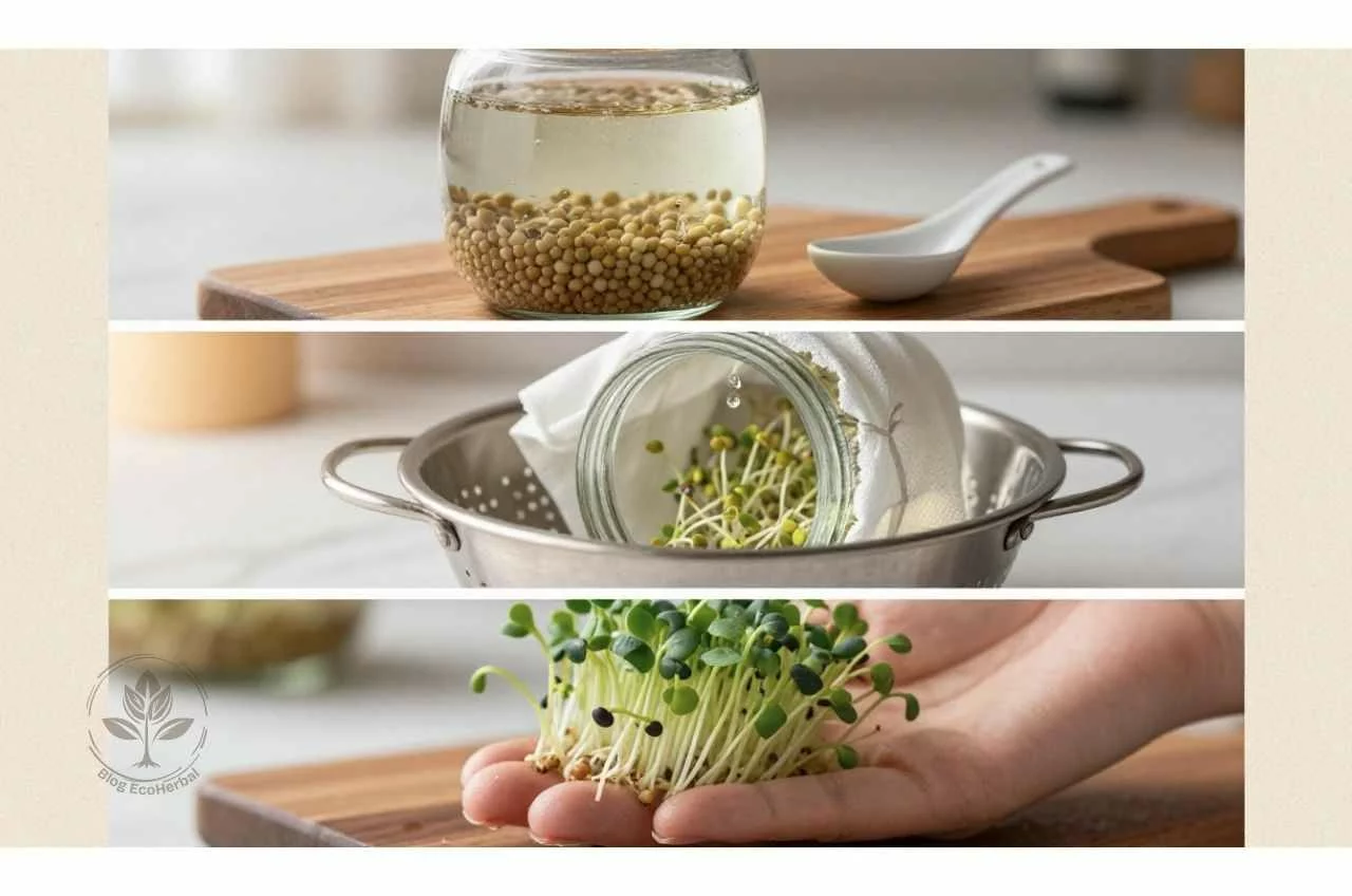 Pasos para germinar semillas en casa: remojo, escurrido y germinados listos.