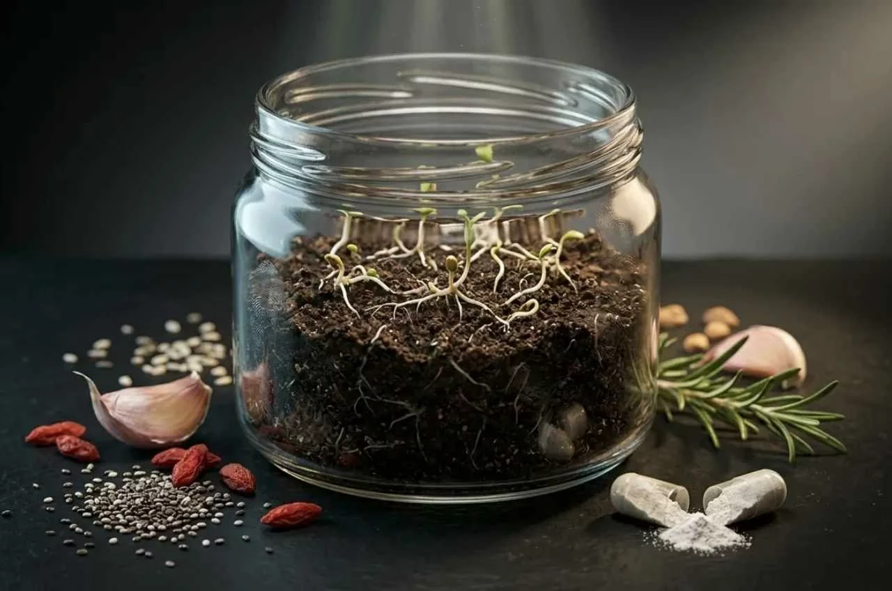 Tarro de cristal con tierra fértil y brotes verdes como metáfora de la microbiota intestinal, rodeado de alimentos prebióticos y probióticos.