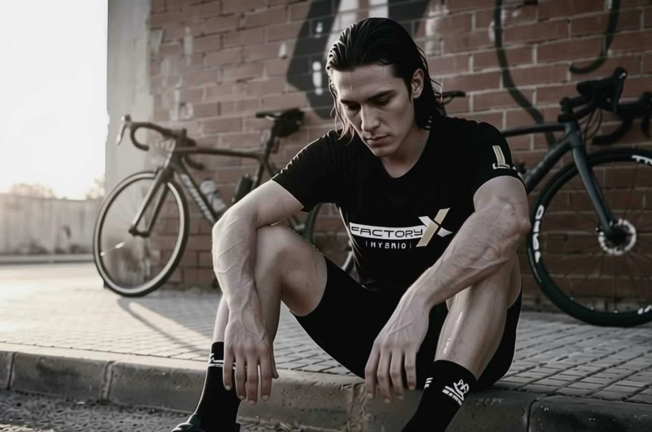 Triatleta real agotado después del entrenamiento, sentado en el bordillo con sudor y ojeras, imagen documental de fatiga deportiva auténtica.
