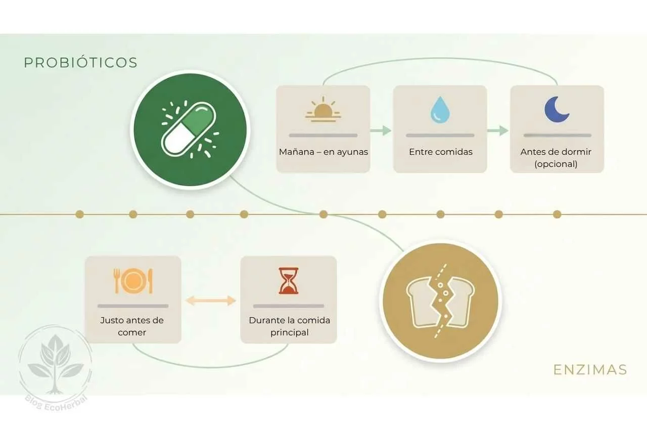 Guía Visual_ Cuándo Tomar Probióticos y Enzimas Digestivas – EcoHerbal- Infografía horizontal que muestra el momento óptimo para tomar probióticos (en ayunas, entre comidas o antes de dormir) y enzimas digestivas (justo antes o durante las comidas principales).