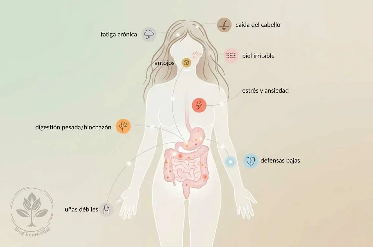 Mapa Corporal de las Señales de Microbiota Desequilibrada – EcoHerbal- Ilustración anatómica de una silueta femenina semitransparente con puntos de color que indican las señales de una microbiota desequilibrada: digestión, fatiga, piel, estrés, defensas, cabello, uñas y antojos.