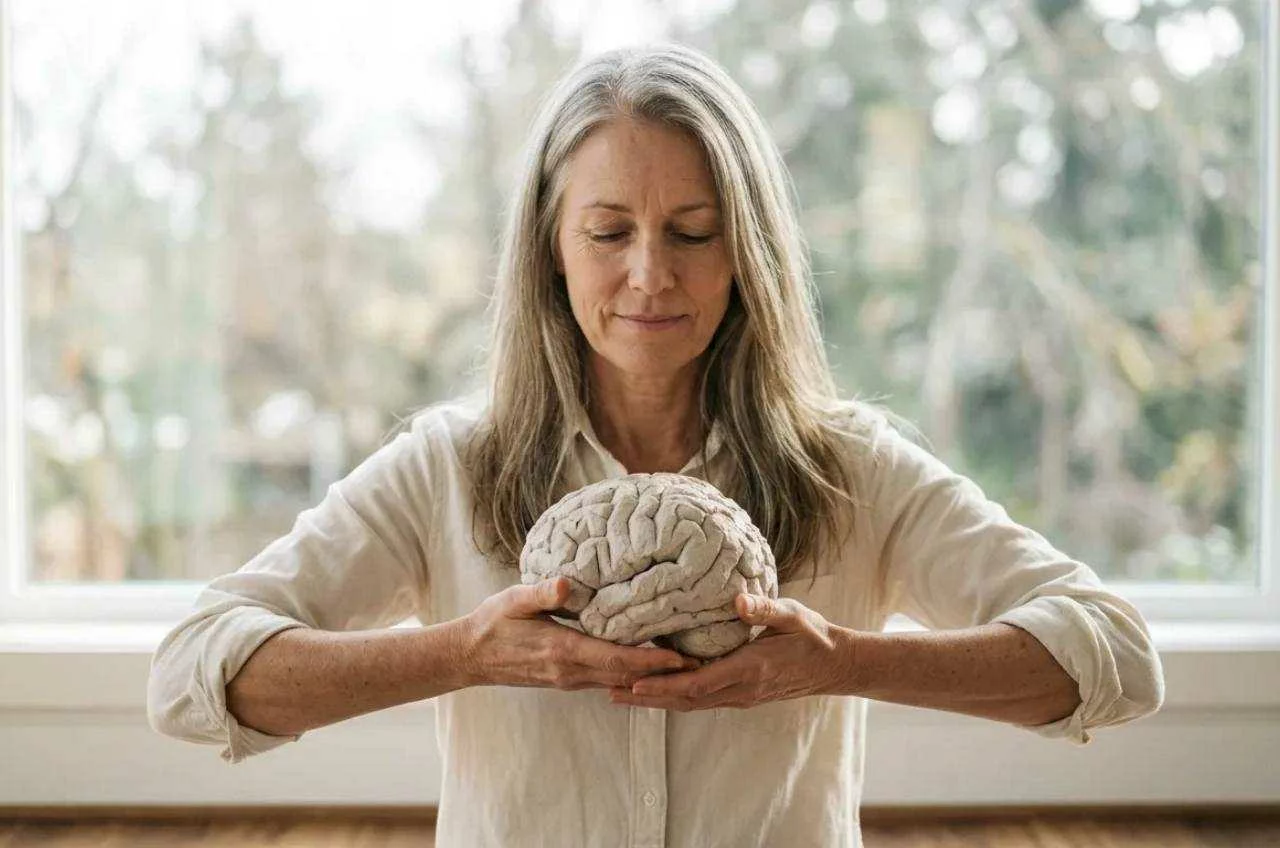 Mujer de unos cincuenta años con el cabello canoso sosteniendo en la palma de su mano un cerebro de papel kraft, con expresión serena y luz natural,