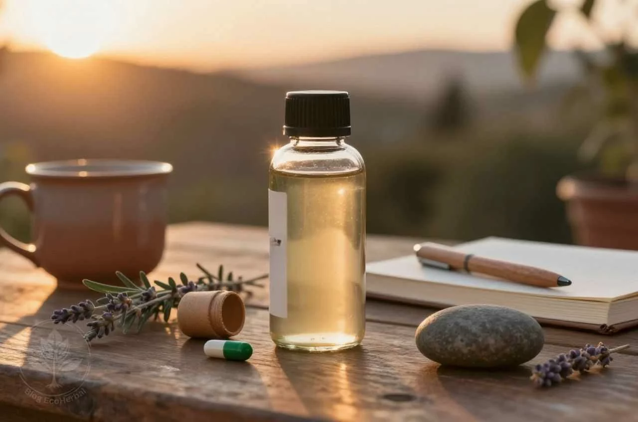 Pausa Consciente al Atardecer con Adaptógenos Naturales- Frasco de adaptógeno líquido y cápsula de ashwagandha sobre una mesa de madera al atardecer, con taza de infusión de melisa, cuaderno y lavanda, en un jardín con luz dorada.