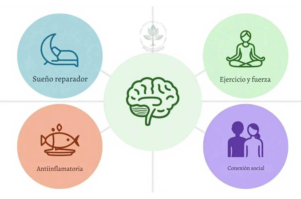 Rueda del Bienestar Cerebral en la Menopausia- EcoHerbal Infografía circular con cuatro cuadrantes de colores que muestra los pilares del bienestar cerebral en la menopausia: sueño, movimiento, alimentación antiinflamatoria y conexión social.