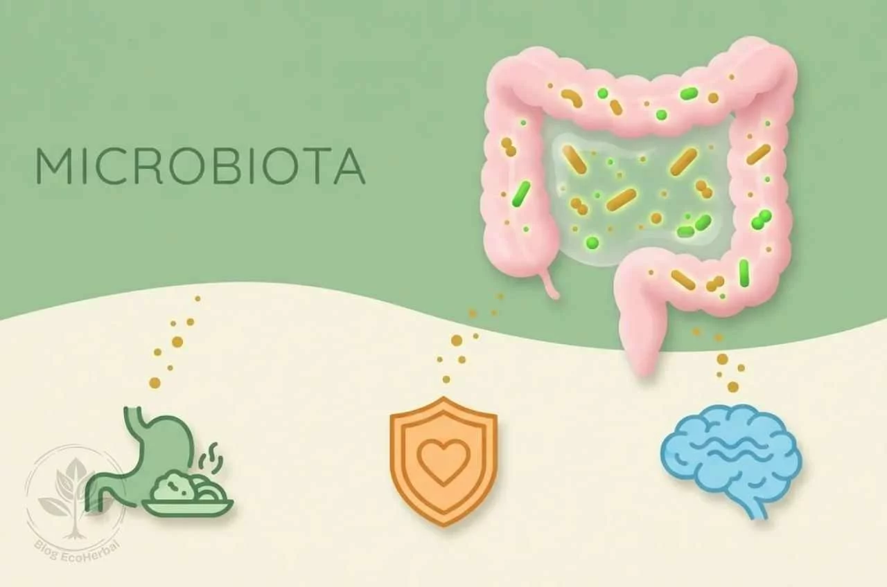 ¿Qué es la Microbiota Intestinal_ – Infografía Explicativa EcoHerbal- Infografía cálida que explica la microbiota intestinal: intestino con bacterias luminosas conectado a iconos de digestión, defensas y estado de ánimo.