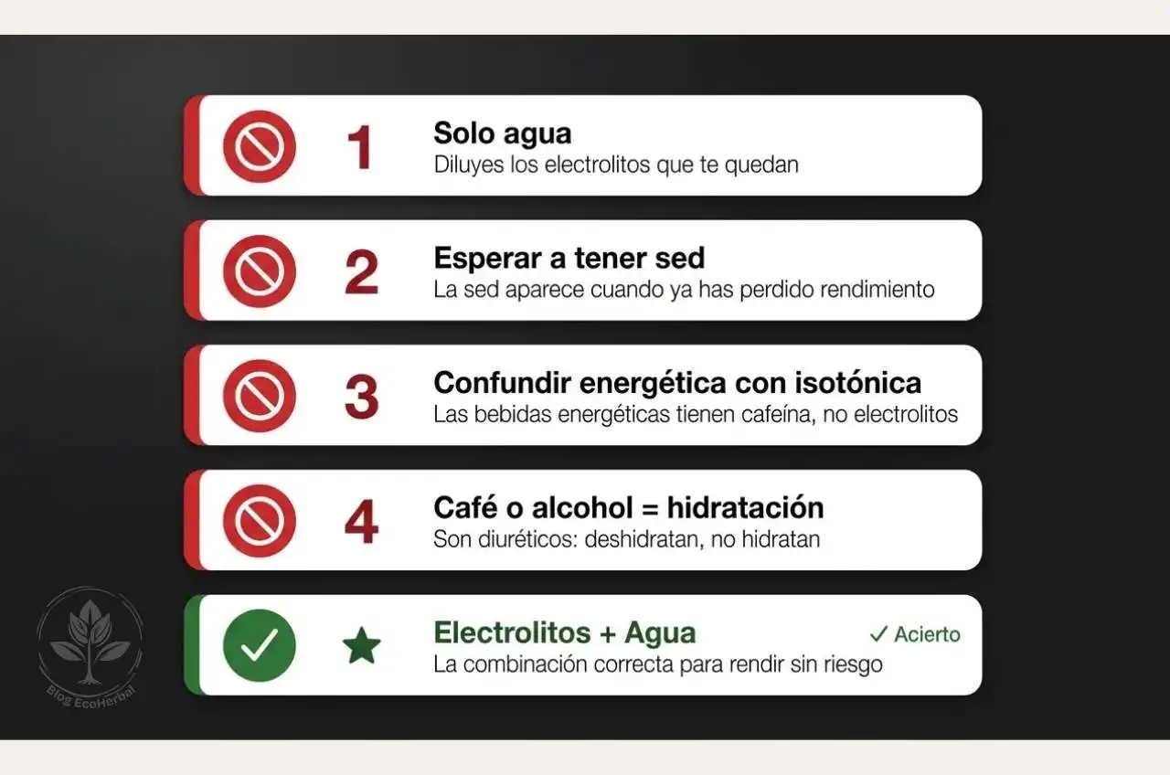 4 Errores Comunes al Hidratarse durante el Entreno de Verano – EcoHerbal Cinco tarjetas de notificaciones de app de entrenador: cuatro errores en rojo (solo agua, esperar a tener sed, confundir energética con isotónica, café o alcohol igual a hidratación) y un acierto en verde (electrolitos más agua).