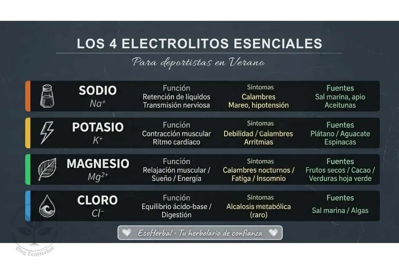 Póster de los Cuatro Electrolitos Esenciales para Deportistas Póster vertical estilo pizarra gris oscura con texto de tiza blanca, cuatro filas con nombres de minerales en mayúsculas: sodio con icono de salero, potasio con rayo, magnesio con hoja, cloro con gota, columnas de función, síntomas y fuentes en colores de tiza amarilla y verde menta.