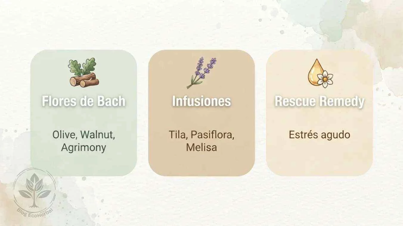 Infografía horizontal que resume los aliados naturales de EcoHerbal: Flores de Bach (Olive, Walnut, Agrimony), Infusiones (Tila, Pasiflora, Melisa) y Rescue Remedy,
