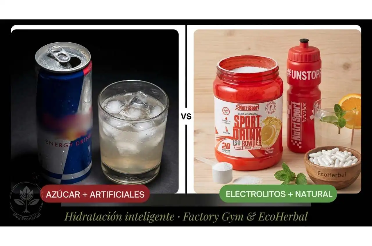 Bebida Energética vs. Isotónica Natural_ La Elección del Deportista – EcoHerbal Collage comparativo: izquierda, bebida energética comercial con azúcar y colorantes; derecha, bebida isotónica natural NutriSport con electrolitos y sales minerales nutrisport.