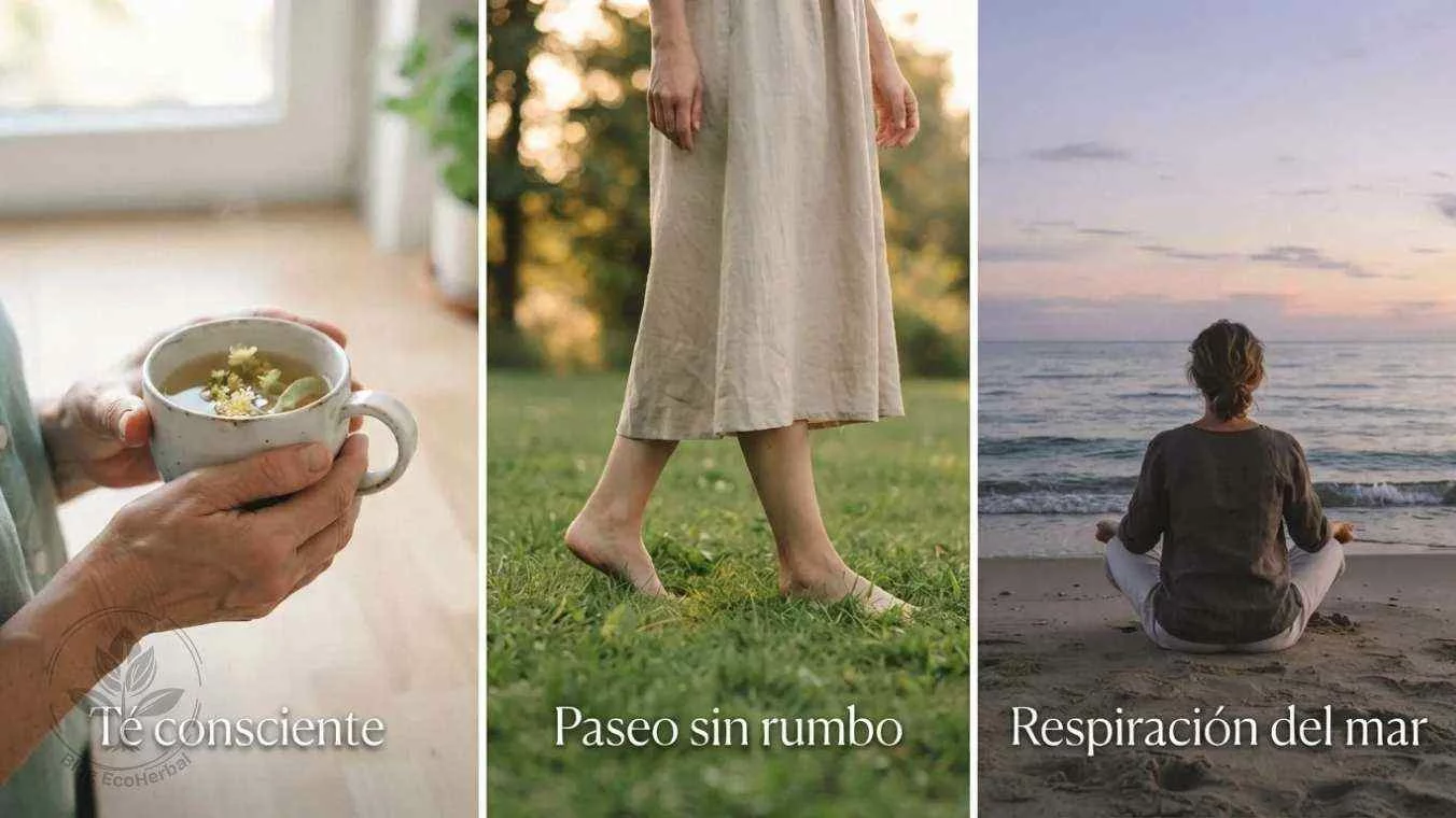 Secuencia horizontal de tres momentos de reconexión: beber té en silencio, caminar descalza entre árboles y respirar frente al mar al atardecer.