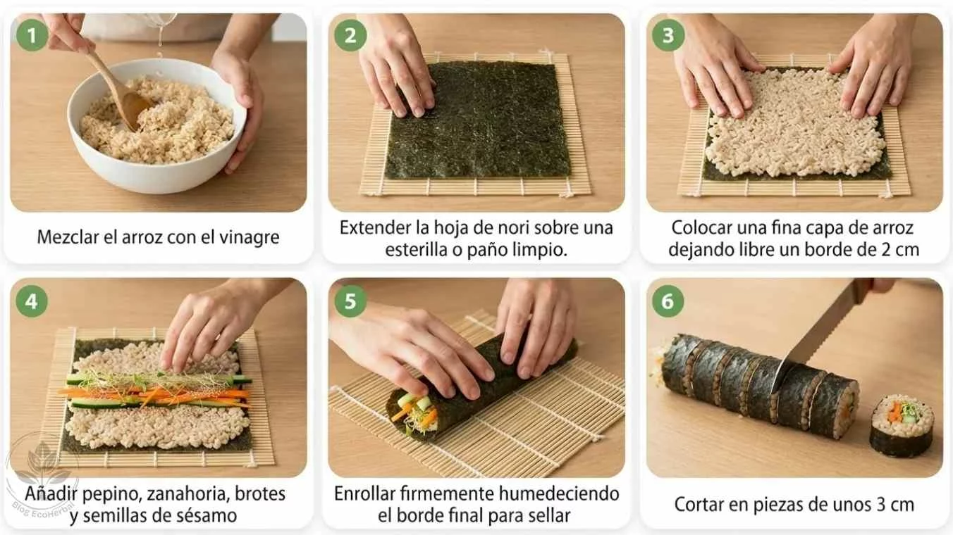 Collage de 6 pasos para preparar rollitos de nori con arroz integral: mezclar arroz con vinagre, extender nori, colocar capa de arroz, añadir verduras y sésamo, enrollar humedeciendo el borde, cortar en piezas de 3 cm