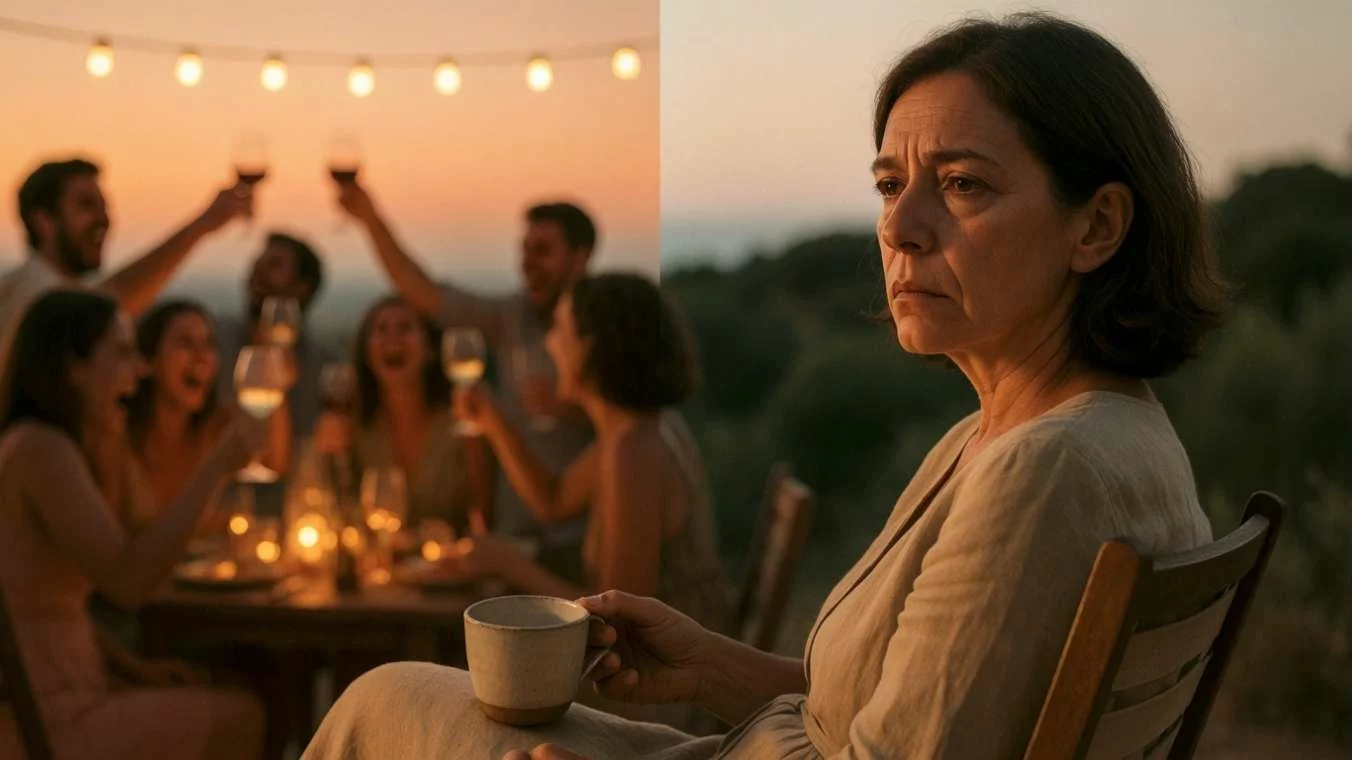 Mujer de mediana edad sentada sola al atardecer, de espaldas a una terraza con gente celebrando, reflejando el agotamiento social y la necesidad de paz interior en verano.