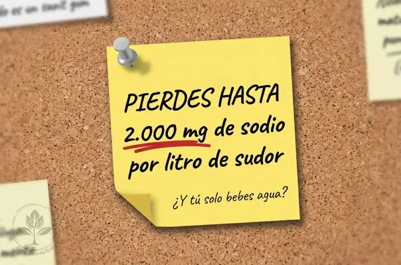 Dato Clave_ 2.000 mg de Sodio por Cada Litro de Sudor – EcoHerbal Post-it cuadrado amarillo canario con texto manuscrito en rotulador negro "PIERDES HASTA 2.000 mg de sodio por litro de sudor", cifra subrayada en rojo, chincheta metálica en esquina, sobre fondo de corcho marrón claro con otros post-its borrosos alrededor.
