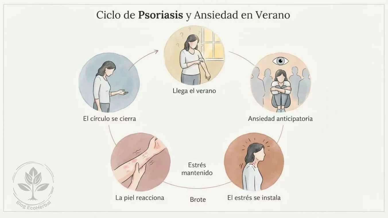El Círculo Vicioso del Verano en la Psoriasis – Ilustración Narrativa – EcoHerbal Ilustración con cinco escenas de una misma mujer en círculo que muestra el ciclo del estrés en verano con psoriasis: llegar el verano, ansiedad anticipatoria, estrés mantenido, brote cutáneo y confirmación del miedo que reinicia el ciclo