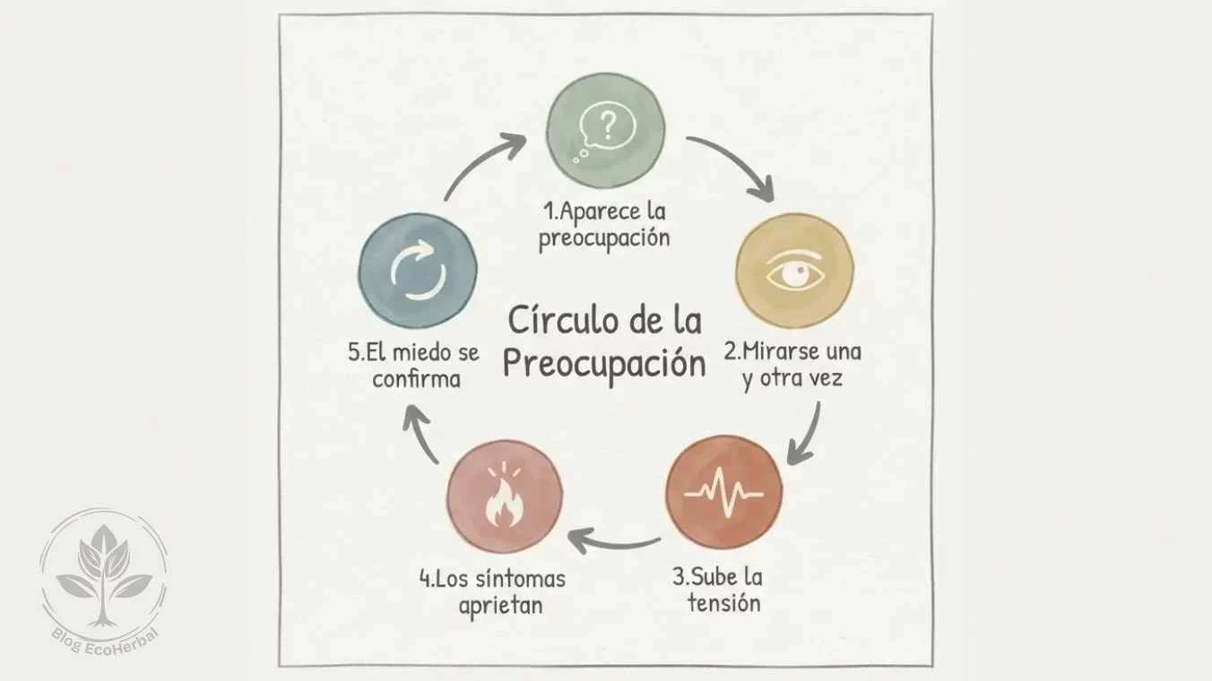 El Círculo de la Preocupación en la Psoriasis – Ilustración Botánica – EcoHerbal Diagrama ilustrado del círculo de la preocupación en psoriasis con cinco pasos conectados: preocupación anticipatoria, autovigilancia constante, tensión emocional, intensificación de síntomas y confirmación del miedo, en estilo acuarela botánica suave