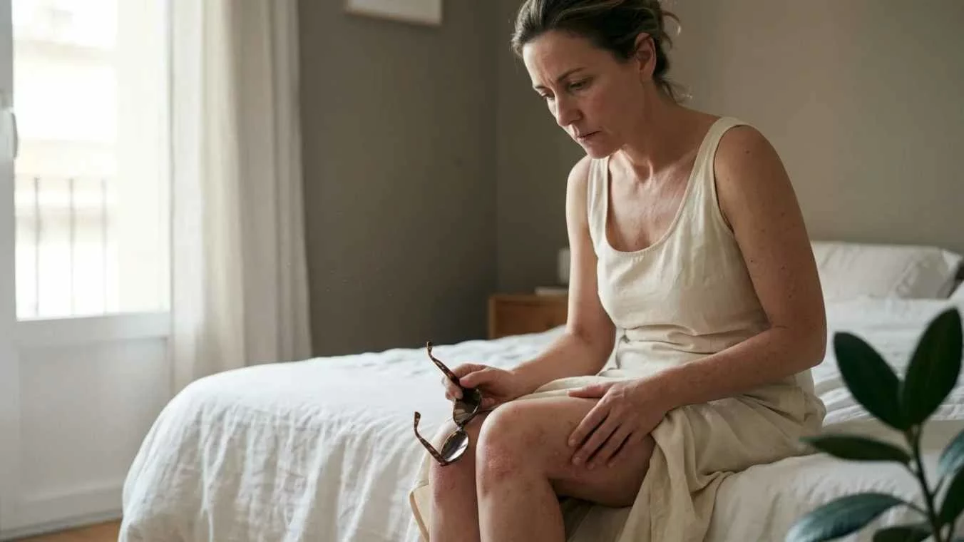 Mujer de 45 años sentada al borde de la cama con psoriasis visible en las rodillas, en el momento de pausa antes de salir de casa, luz natural de ventana, expresión de tensión contenida y auto-revisión