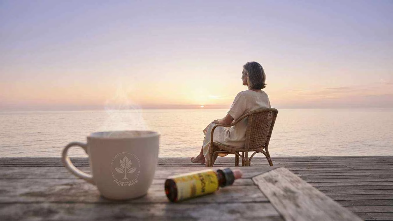 Atardecer en terraza frente al mar con taza de infusión y Rescue Remedy, mujer de espaldas sentada mirando el horizonte, representando el lujo de la paz interior en verano.