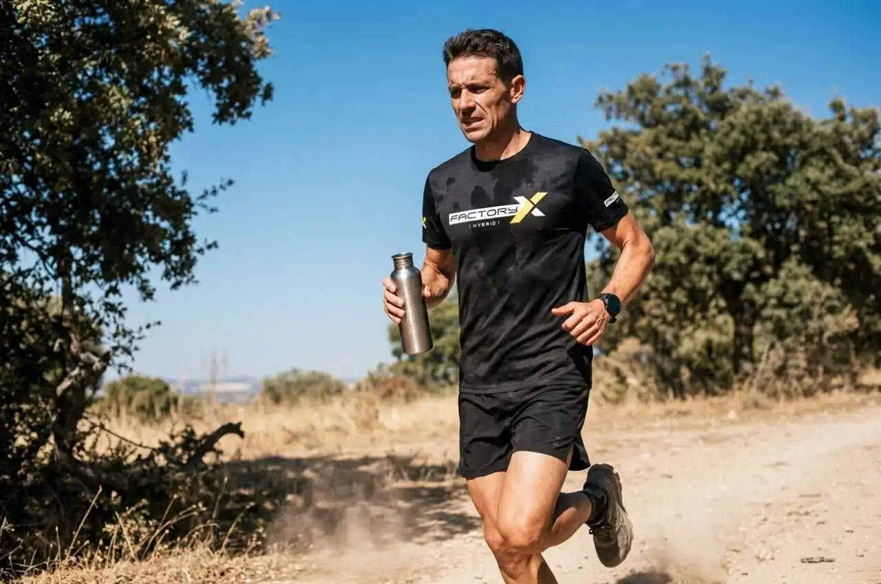 Entrenar con Calor_ El Precio de No Reponer Electrolitos – EcoHerbal Atleta masculino de 35 años corriendo a las 14:00 h en un parque mediterráneo con camiseta negra empapada de sudor, botella de acero inoxidable y una cápsula blanca de sales minerales apoyada en el borde, sol cenital, sombras duras, expresión de esfuerzo real.