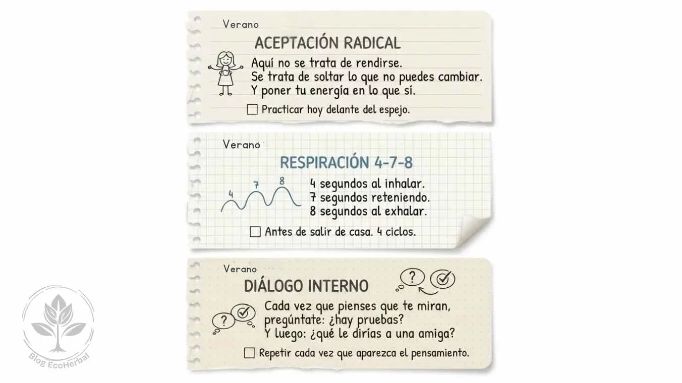Herramientas Psicológicas para la Psoriasis en tu Agenda de Verano – EcoHerbal Tres páginas de agenda personal escritas a mano con herramientas psicológicas para la psoriasis: Aceptación Radical con dibujo de brazos abiertos, Respiración 4-7-8 con esquema de ondas respiratorias, y Reestructuración Cognitiva con burbujas de diálogo