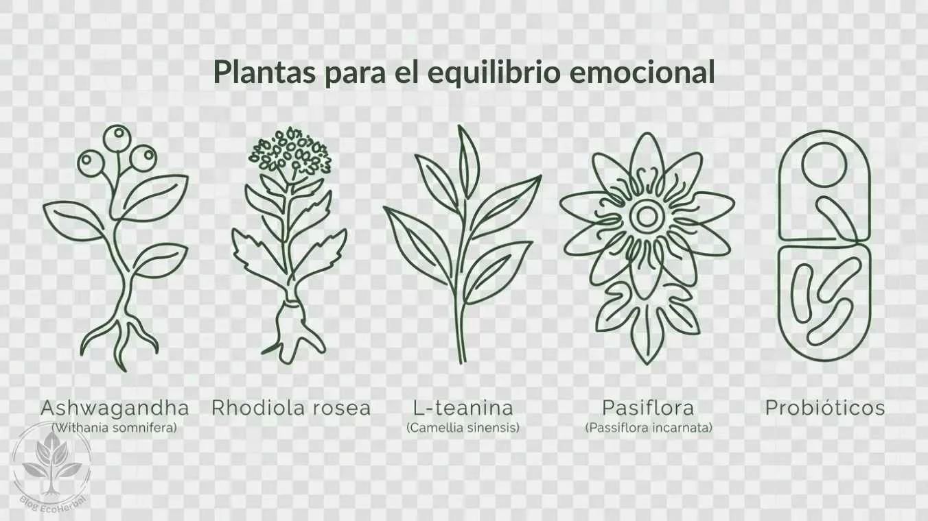 Pack de cinco iconos en línea continua que representan suplementos para el equilibrio emocional: raíz de Ashwagandha, flor de Rhodiola rosea, hojas de té verde (L-teanina), flor de Pasiflora y una cápsula con probióticos, en estilo minimalista de farmacia natural premium