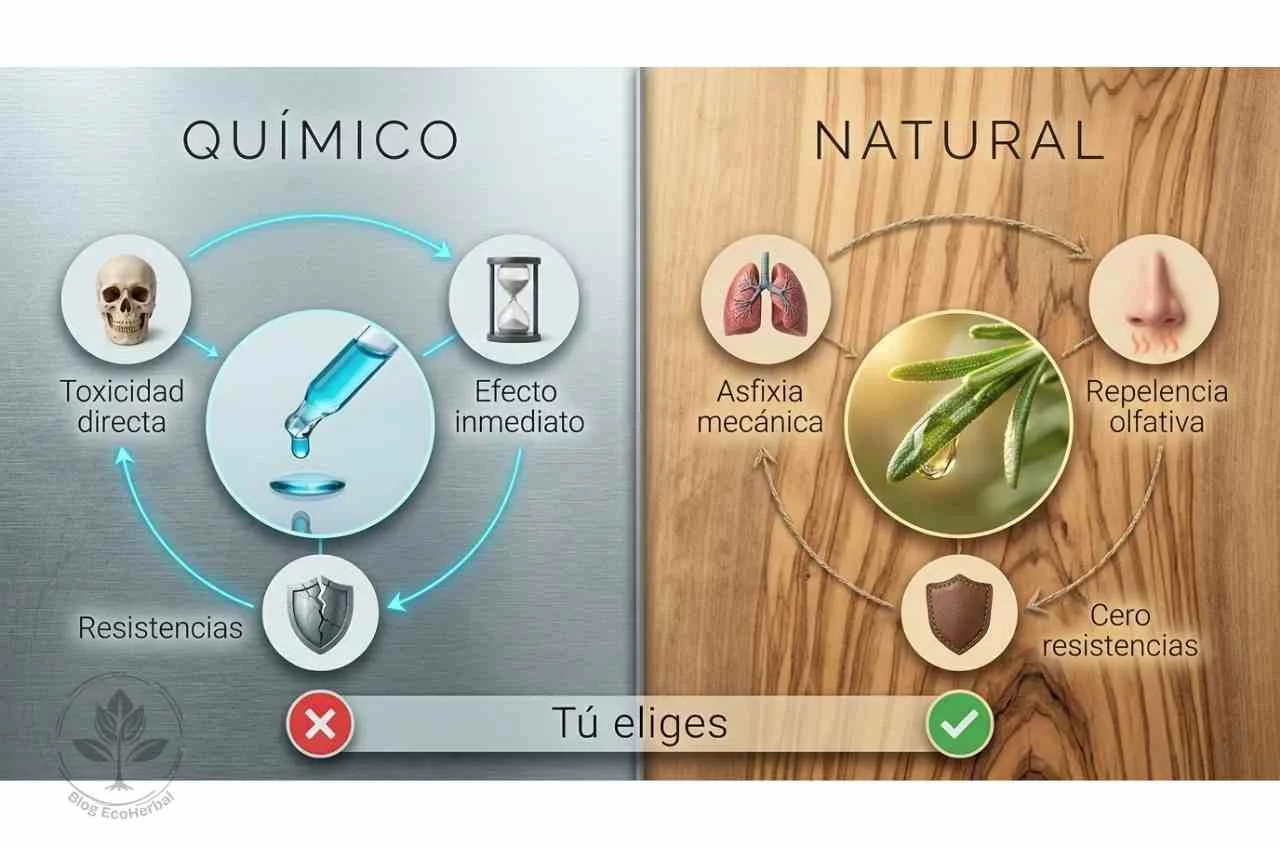 Infografía comparativa_ cómo actúan los remedios naturales frente a los pediculicidas químicos contra los piojos Infografía vertical dividida en dos mitades: izquierda con fondo de acero frío, cuentagotas azul y nodos de toxicidad, efecto inmediato y resistencias; derecha con fondo de madera cálida, hoja de romero con aceite esencial y nodos de asfixia mecánica, repelencia olfativa y cero resistencias