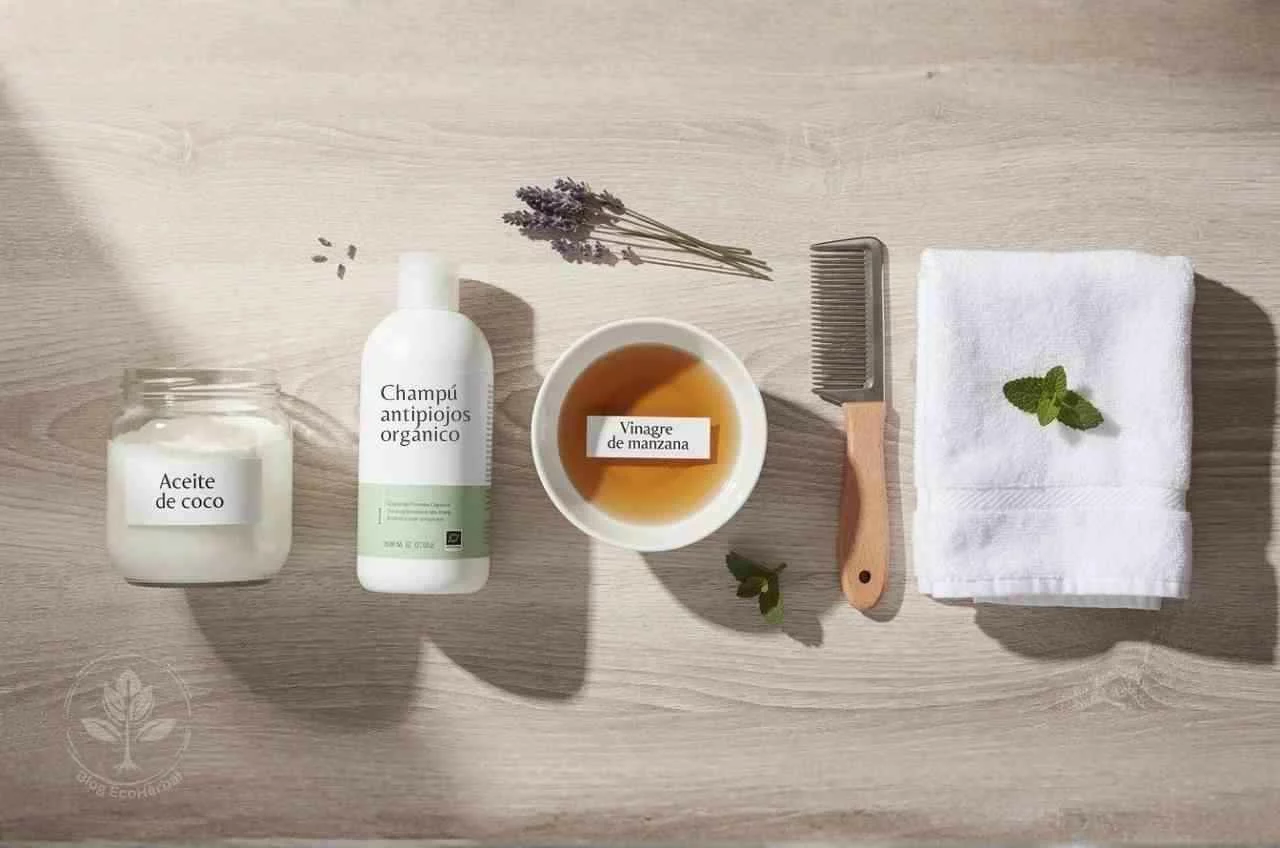 Kit completo de tratamiento natural contra piojos – EcoHerbal- Bodegón circular sobre madera envejecida con los cinco elementos del tratamiento natural contra piojos: aceite de coco, champú orgánico, vinagre de manzana, lendrera de metal y aceite de árbol de té, con lavanda seca en el centro, iluminación lateral con sombras direccionales