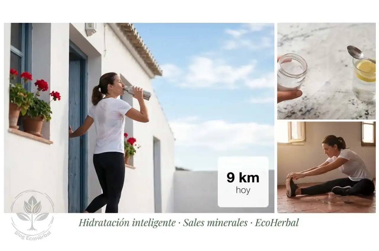 La Rutina Post-Entreno_ Vuelta a Casa y Reposición Collage en formato L de tres imágenes: izquierda, mujer de 38 años entrando a casa blanca con macetas de geranios; superior derecha, mano abriendo bote de sales minerales; inferior derecha, pies descalzos sobre barro cocido con toalla blanca.