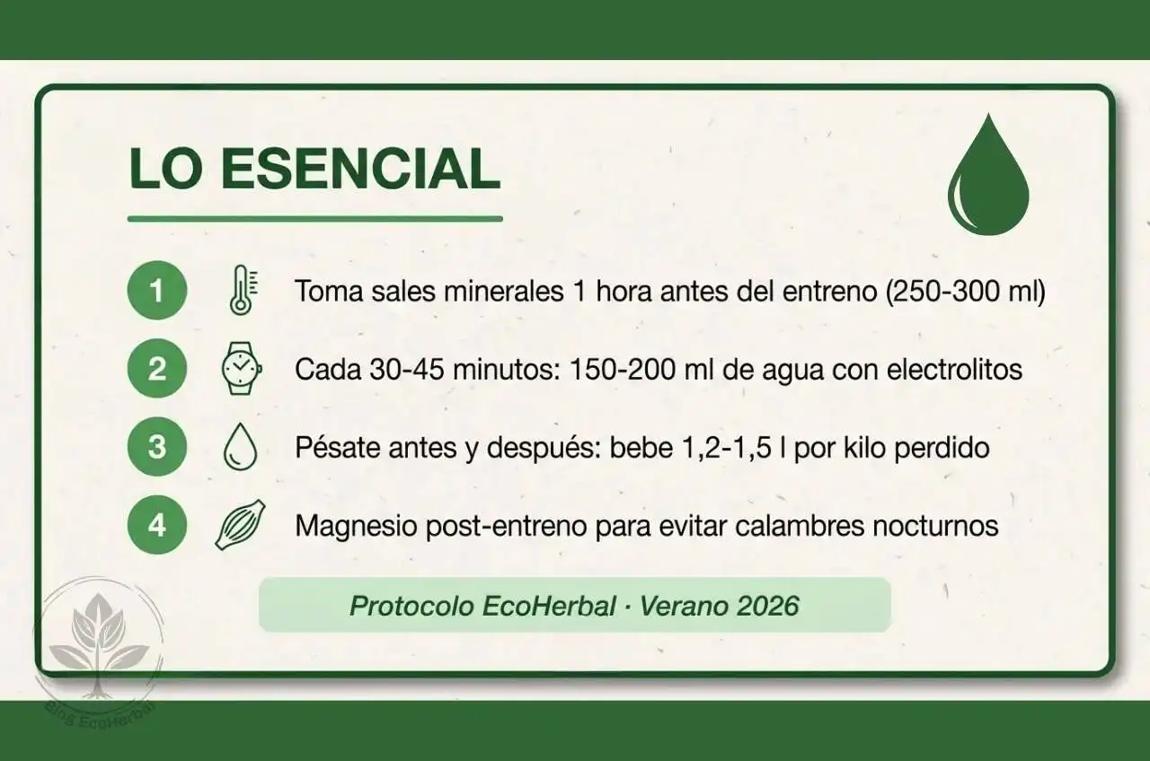Lo Esencial del Protocolo de Hidratación con Electrolitos – EcoHerbal Recuadro apaisado color blanco roto con textura de papel, borde verde botella, icono de gota de agua en acuarela, título "LO ESENCIAL", cuatro puntos numerados con iconos de termómetro, reloj, gota y músculo, recuadro interior verde claro con texto "Protocolo EcoHerbal".