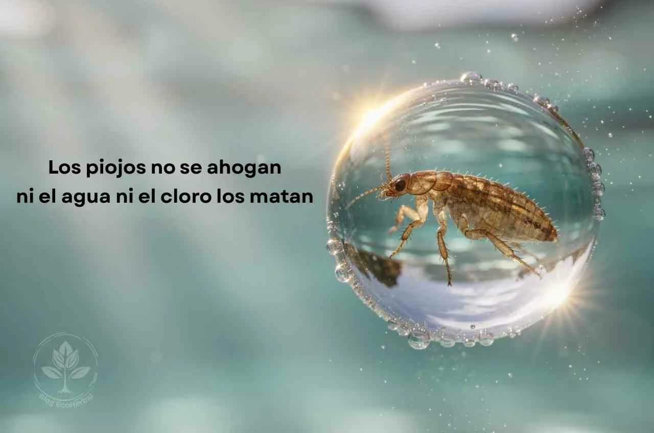 Los piojos no se ahogan en el agua de la piscina_ sobreviven dentro de una gota – EcoHerbal Macroextremo de una gota de agua de piscina suspendida en el aire con un piojo vivo visible en su interior, fondo turquesa desenfocado, demostrando que ni el agua ni el cloro los matan