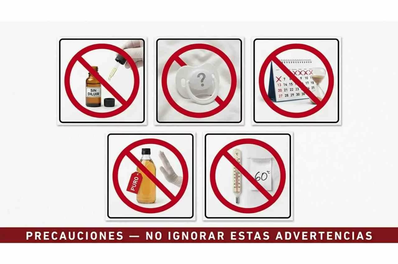 Precauciones esenciales al usar remedios naturales contra piojos_ lo que NO debes hacer Señalética de seguridad con cinco pictogramas físicos de prohibición: botella de aceite sin diluir, chupete con interrogante, calendario tachado, botella de vinagre puro y termómetro a 60°C, sobre fondo blanco con franja roja de advertencia