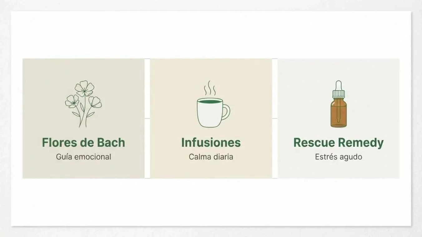 nfografía horizontal que muestra tres recursos de EcoHerbal: Flores de Bach, Infusiones y Rescue Remedy con tipografía Garet, para el cierre del artículo de bienestar emocional en verano.