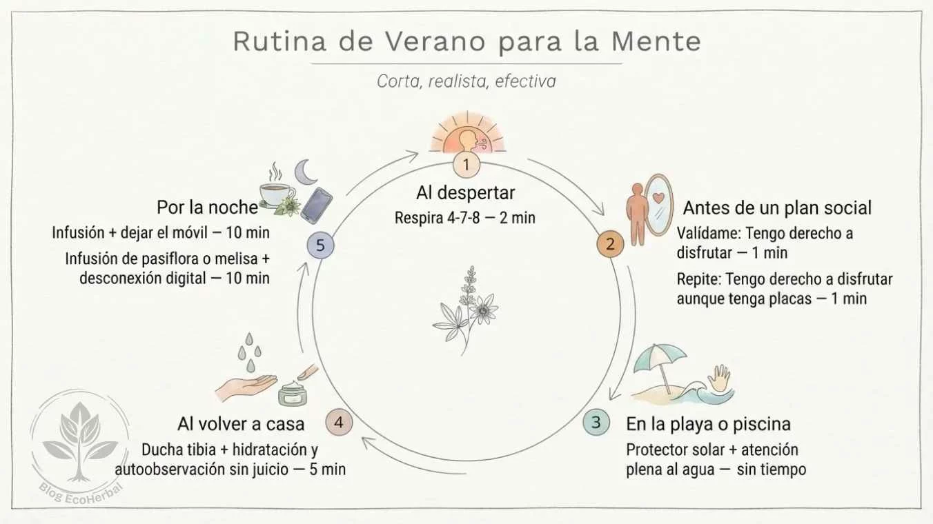 Rutina Circular de Bienestar Mental para el Verano en Personas con Psoriasis – EcoHerbal Círculo de rutina diaria ilustrado con cinco momentos de cuidado mental para personas con psoriasis en verano: respiración al despertar, validación antes de salir, atención plena en la playa, hidratación al volver a casa y ritual nocturno con infusión