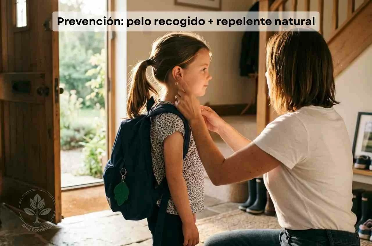 Rutina diaria de prevención de piojos-Ecoherbal Fotografía documental a contraluz de una madre arrodillada aplicando aceite esencial detrás de la oreja de su hija de 7 años con coletas altas y mochila azul, en la puerta de casa con luz de mañana entrando