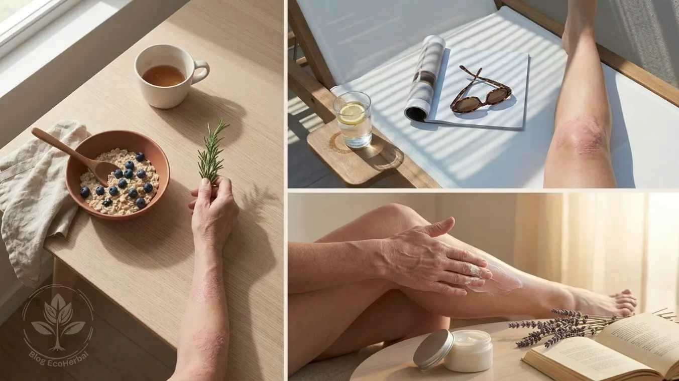Verano con Psoriasis_ El Cuidado en los Pequeños Gestos – EcoHerbal Collage de tres bodegones fotográficos con presencia humana que muestran el cuidado de la piel con psoriasis en verano: desayuno con mano y romero en mesa de madera, siesta con pierna con psoriasis en tumbona, e hidratación con crema en pierna al atardecer