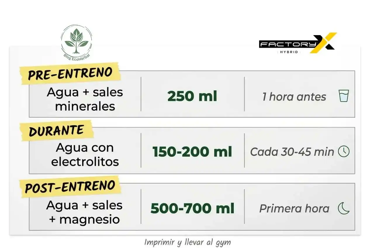 tabla de Hidratación Deportiva para Imprimir y Llevar al Gym – EcoHerbal Tabla plastificada de entrenador personal con tres filas: pre-entreno con 250 ml de agua y sales, durante con 150-200 ml de electrolitos cada 30-45 minutos, post-entreno con 500-700 ml y magnesio en la primera hora.