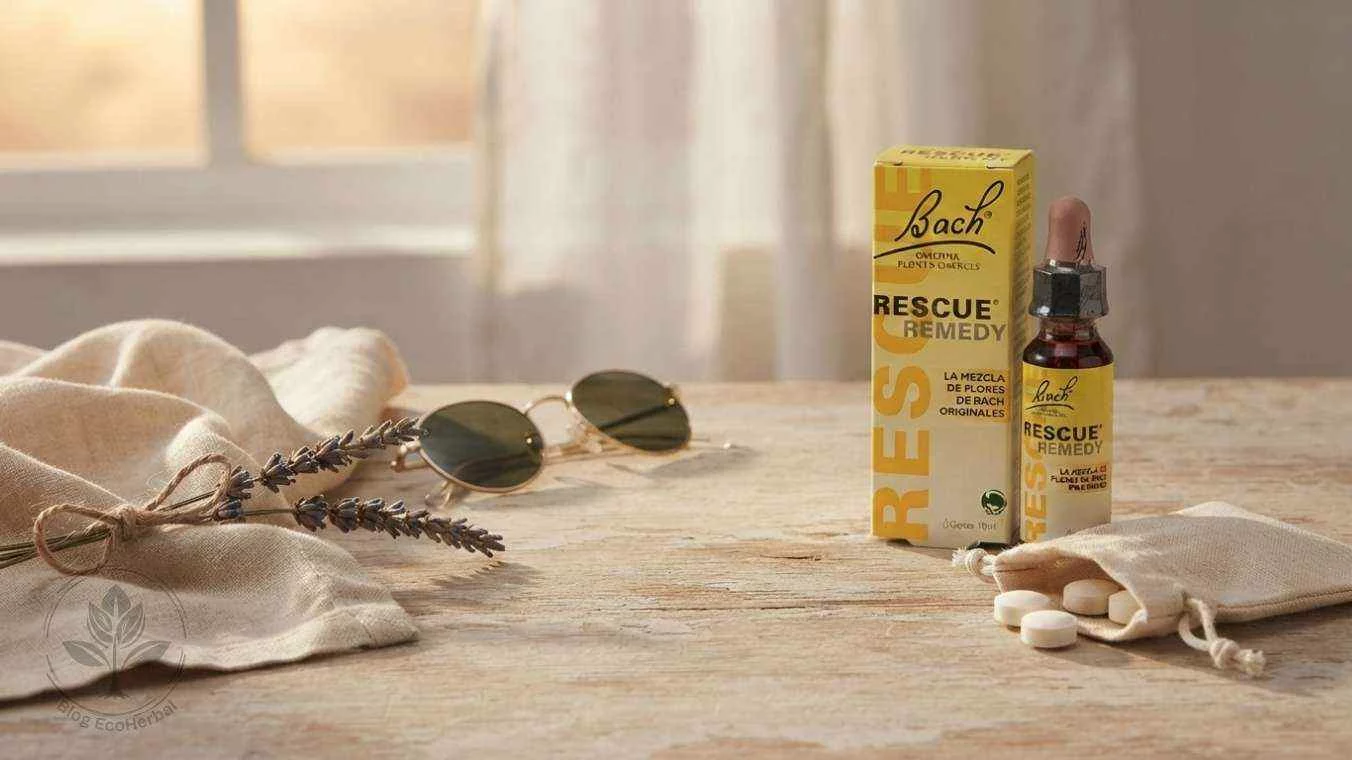 Botella de Rescue Remedy de Bach junto a una bolsita de tela con sobres, lavanda seca y gafas sobre madera clara, representando el botiquín emocional portátil para el agotamiento social en verano.
