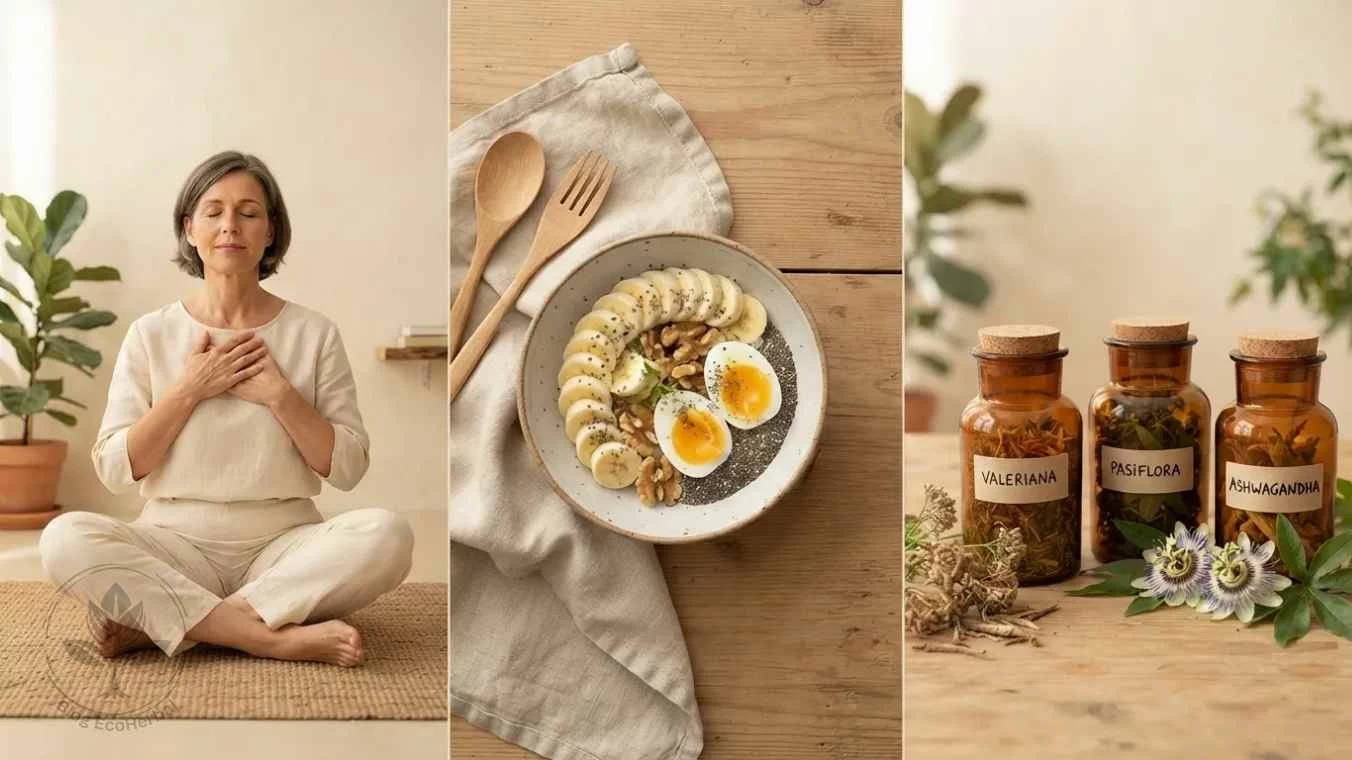 3 Pilares para Reenganchar tu Mente — EcoHerbal Composición fotográfica de frascos de cristal con ashwagandha rhodiola y plantas calmantes como valeriana pasiflora y amapola de California