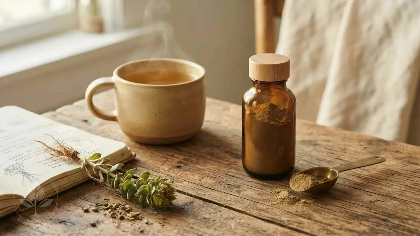 Adaptógenos Naturales para la Transición de Septiembre — EcoHerbal Adaptógenos naturales como ashwagandha y rodiola en ritual matutino sobre mesa de madera con infusión y cuaderno para gestionar el estrés