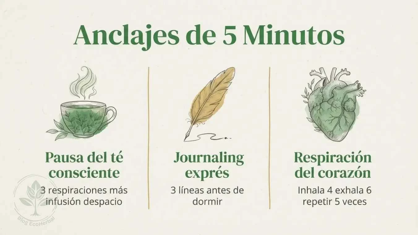 Anclajes de 5 Minutos Acuarela para Mantener la Conexión — EcoHerbal Ilustración acuarela con 3 anclajes de 5 minutos para mantener la conexión con el propósito cuando el ritmo se acelera