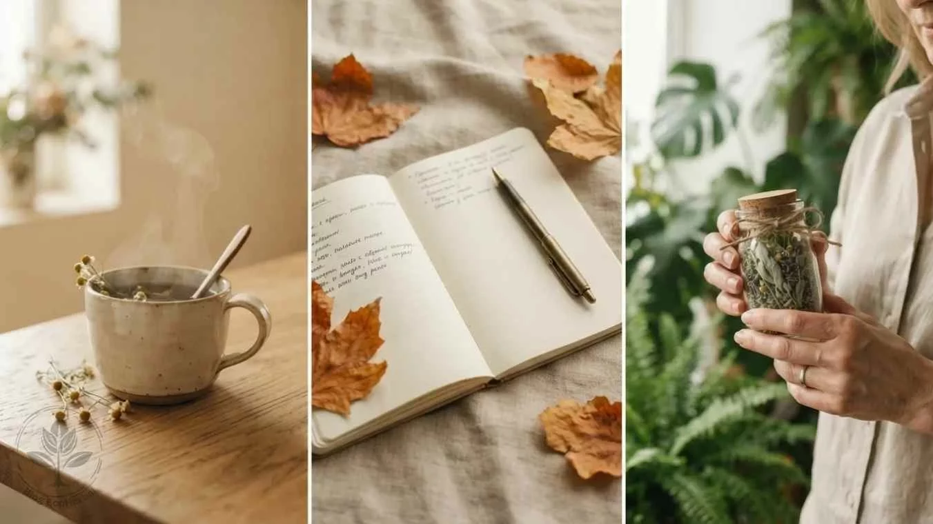 Autocuidado Minimalista Postvacacional — EcoHerbal Composición minimalista de tres elementos de autocuidado sobre lino natural con infusión cuaderno y frasco de hierbas
