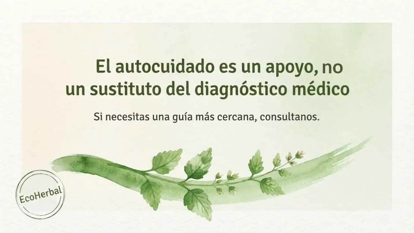 Autocuidado y Diagnóstico Médico – EcoHerbal Recuadro con acuarela suave y mensaje sobre que el autocuidado es un apoyo y no sustituye el diagnóstico médico.