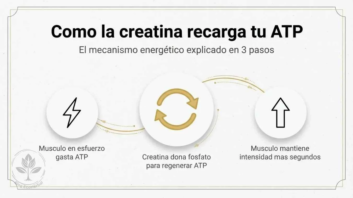 Ciclo Energético ATP y Creatina – EcoHerbal Infografía que explica cómo la creatina regenera el ATP para mantener la intensidad muscular