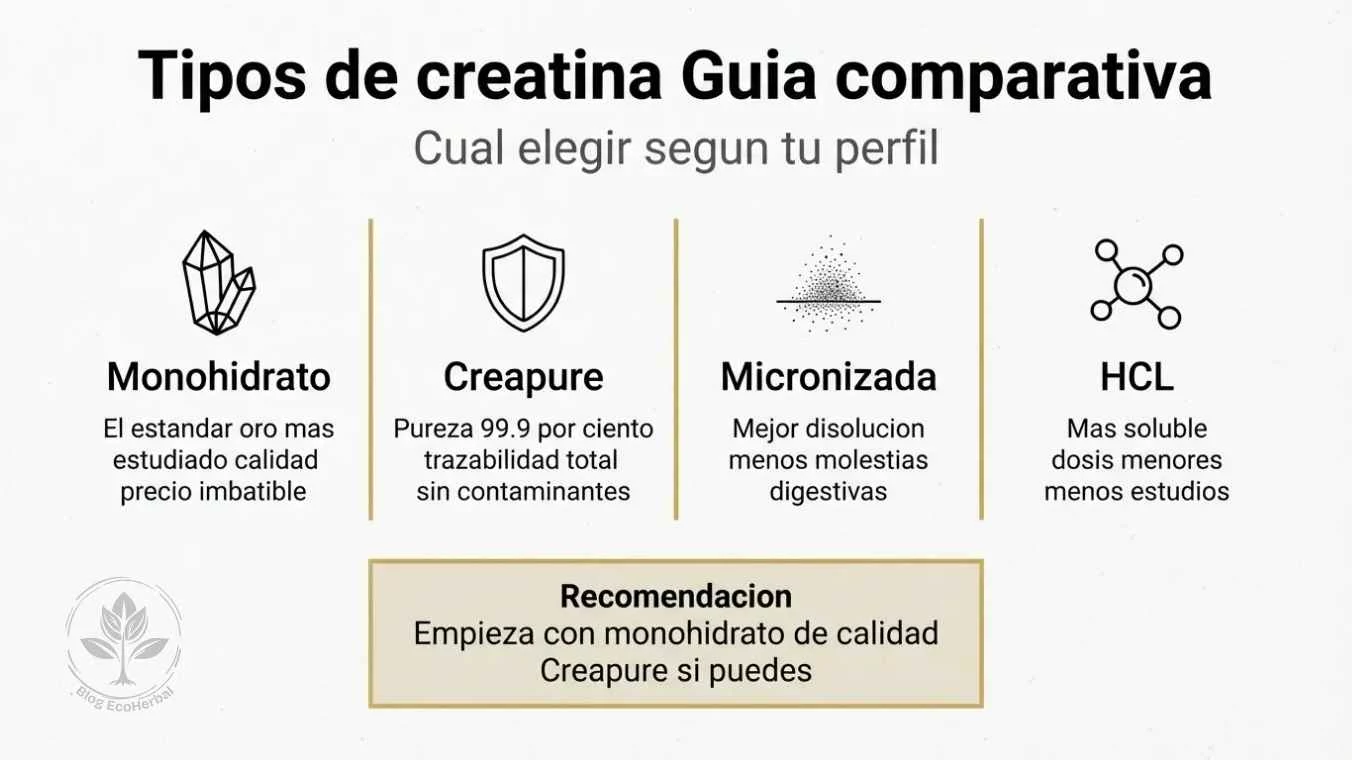 Comparativa de Tipos de Creatina – EcoHerbal Infografía comparativa de tipos de creatina monohidrato Creapure micronizada y HCL