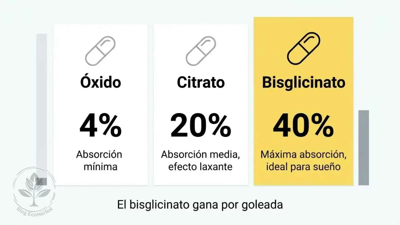 Comparativa de Tipos de Magnesio para Deportistas – EcoHerbal Infografía comparativa de óxido, citrato y bisglicinato de magnesio con porcentajes de absorción y recomendaciones.
